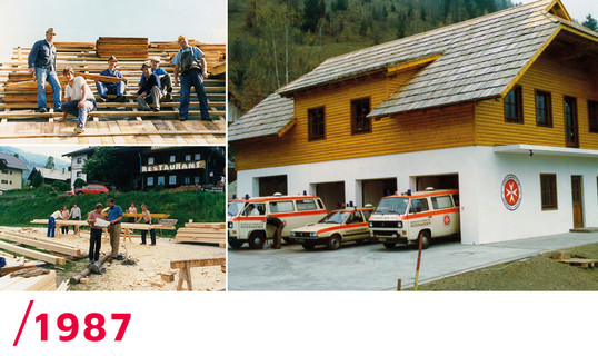 1987: Eine Bildercollage vom Bau der Rettungsstation in Patergassen