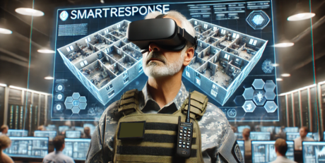 Eine Einsatzkraft verwendet die VR-Technologie und hat eine VR-Brille auf.