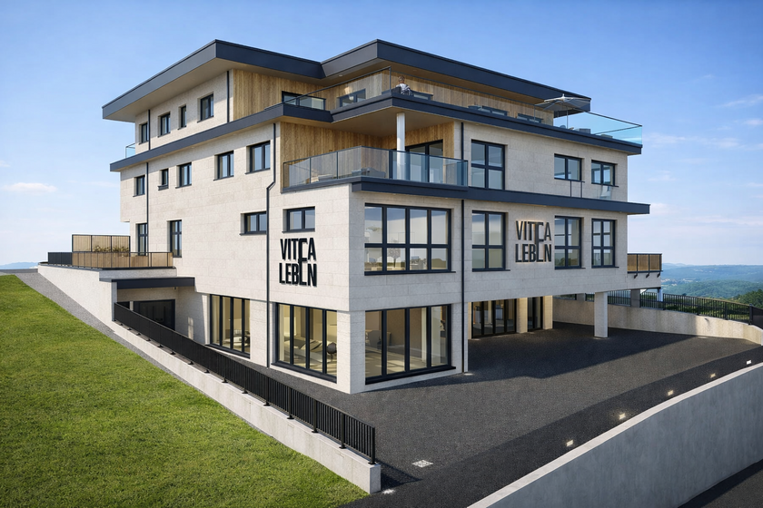 Mehrstöckiges, neues Gebäude mit Terassen und einer Tiefgarage. Mehrgenerationenhaus mit Ärzten und Kindergarten.