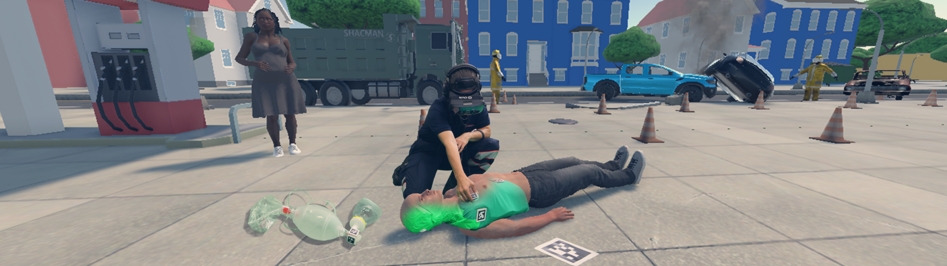 Ein Übungsszenario in der Virtual Reality: Ein Johanniter hilft einer verletzten Person, die am Boden liegt.