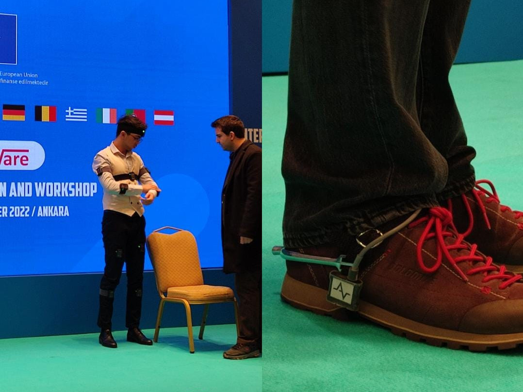 Eine Collage von den Forschungsergebnissen: ein Sensorsystem, das man am Oberkörper trägt - ein Sensor am Schuh - eine App am Handy - 3 Personen, die die Sensorsysteme erklären