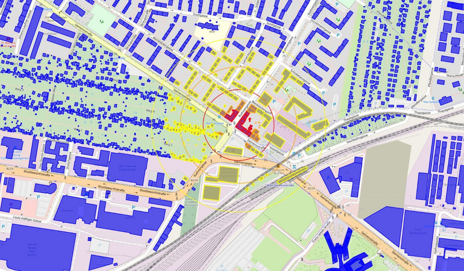 Die Landkarte einer Stadt ist als digitaler Zwilling erfasst und farblich in verschiedene Bereiche geteilt.