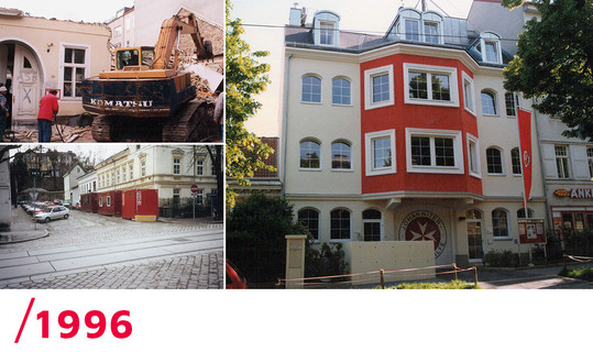 1996: Eine Bildercollage vom Bau der Rettungsstation in der Herbeckstraße, Wien
