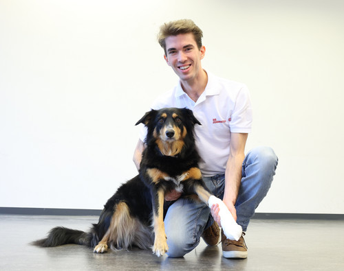 Ein Kursleiter hält einen Hund mit Pfotenverband.