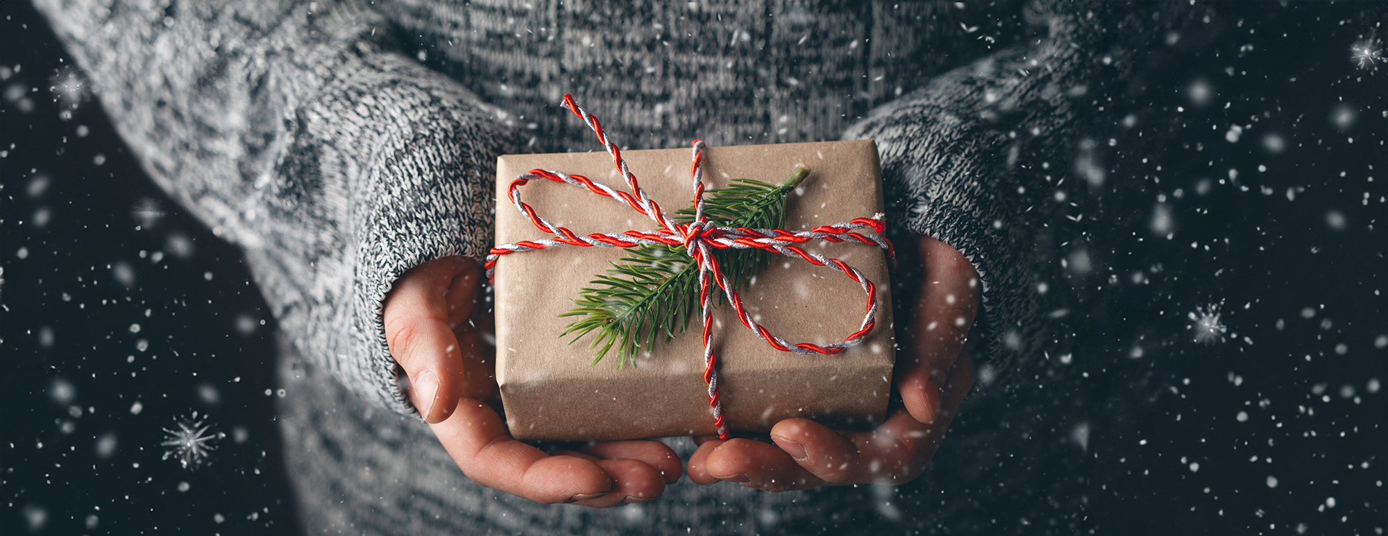 Eine Person hält ein Weihnachtsgeschenk in den Händen.