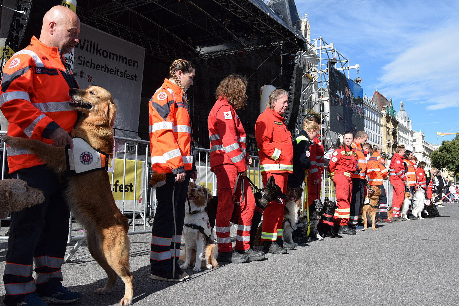 Hundeführer:innen mit ihren Rettungshunden stehen vor der Bühne am Rathausplatz.